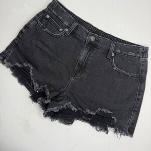 Aerie Black Distressed Denim Cut Off Shorts High Waisted Elastic Back Size M